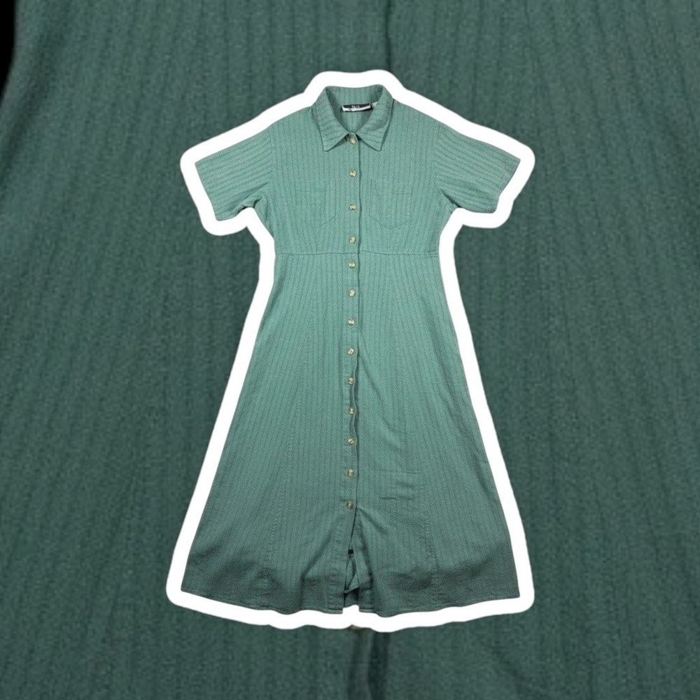 Silk Exchange 100% Silk T-Shirt Dress Medium Green Short Sleeve Button Front VTG